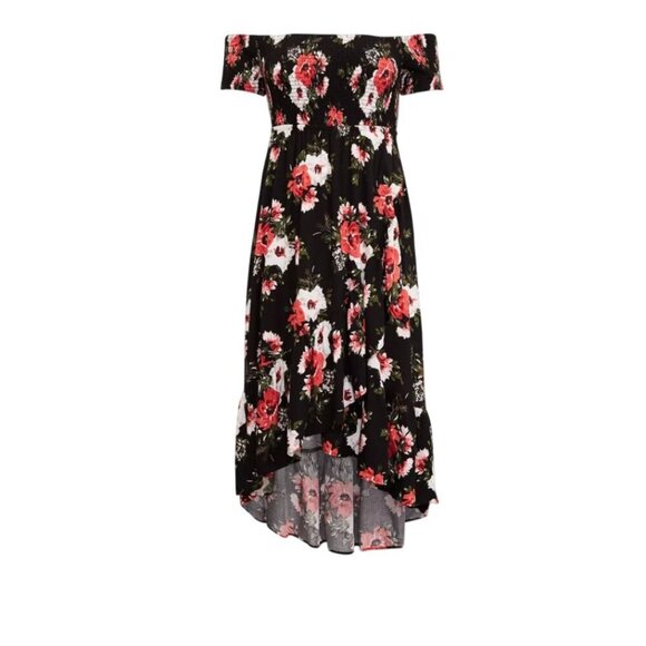 TORRID Challis Maxi Dress BLACK FLORAL PINK size 00 M 10 Hi-Low Off-Shoulder - Picture 3 of 11